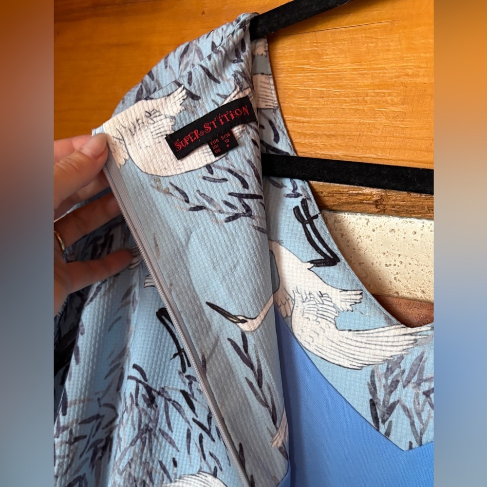 Superstition Blue Bird Print Dress • Tie Waist • Short Sleeve • Midi - Picture 10 of 10
